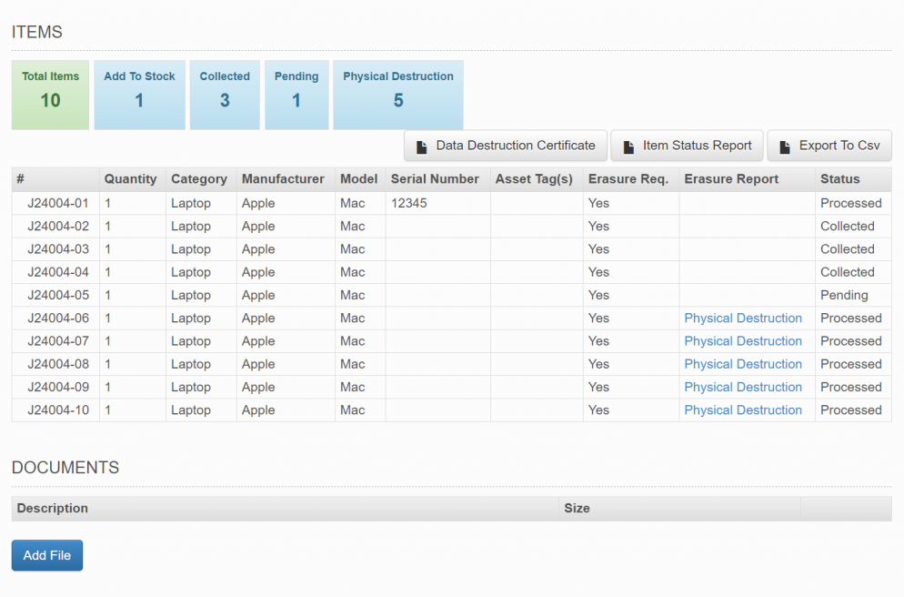 Client Portal Item List Screenshot